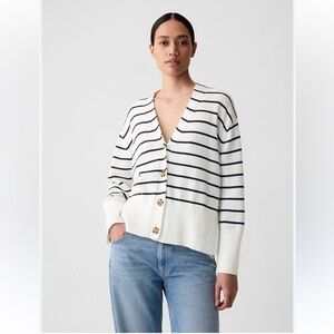 GAP Striped Linen Blend Cardigan White Navy Blue Button Front V-Neck Small